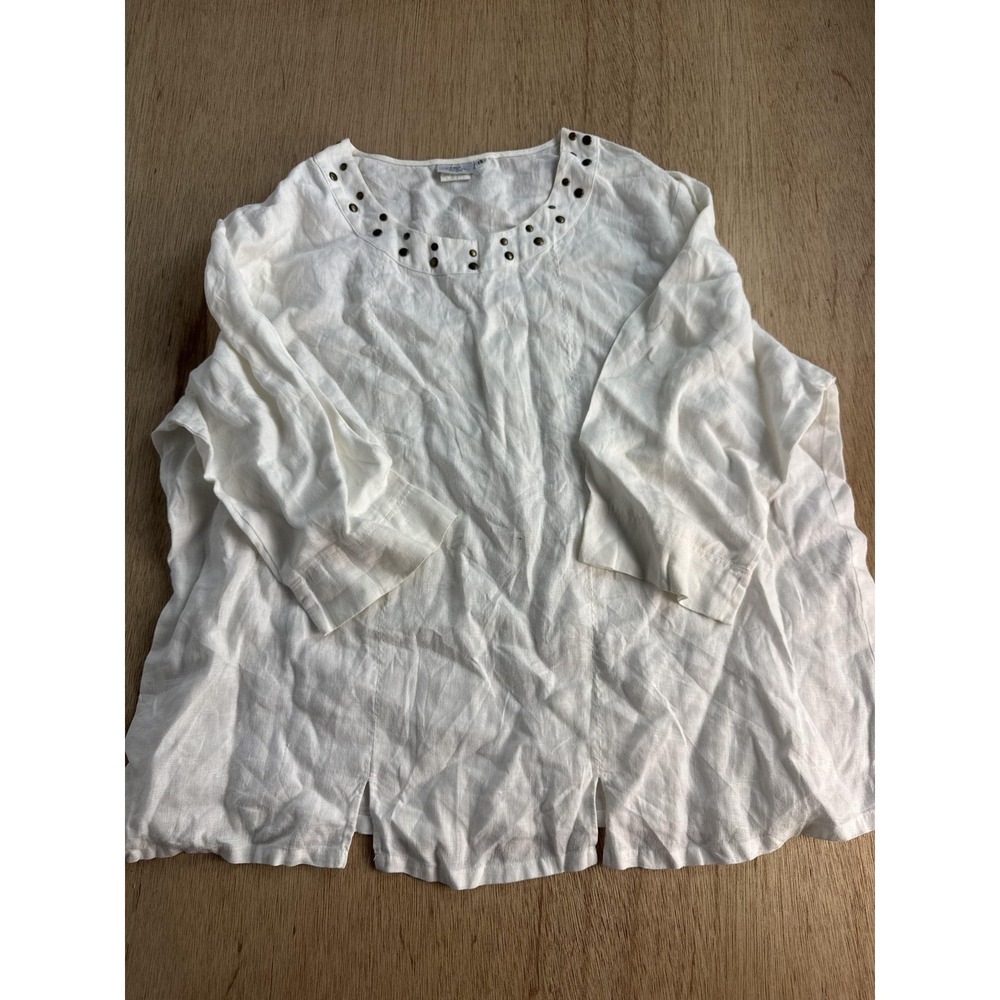 Hot Cotton Blouse Womens 1X White 100% Linen Stud Neck Tunic Top 3/4 Sleeve